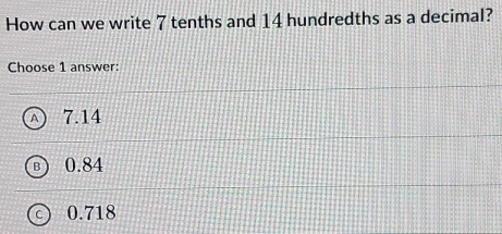 How can we write 7 tenths and 14 hundredths as a decimal?
Choose 1 answer:
7.14
R 0.84
0.718