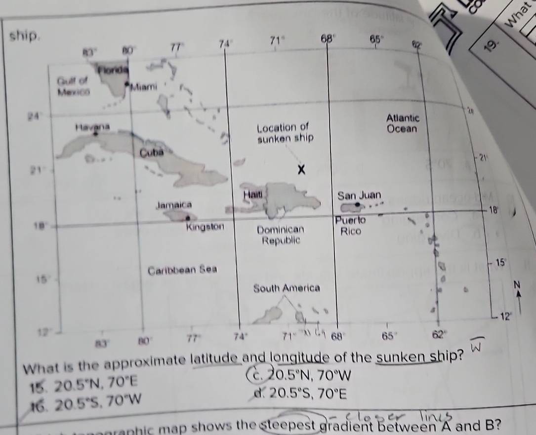 ξ
sh
What is the approximate latitude and longitude of the sunken ship?
15. 20.5°N,70°E
C. 20.5°N,70°W
16. 20.5°S,70°W d. 20.5°S,70°E
raphic map shows the steepest gradient between A and B?