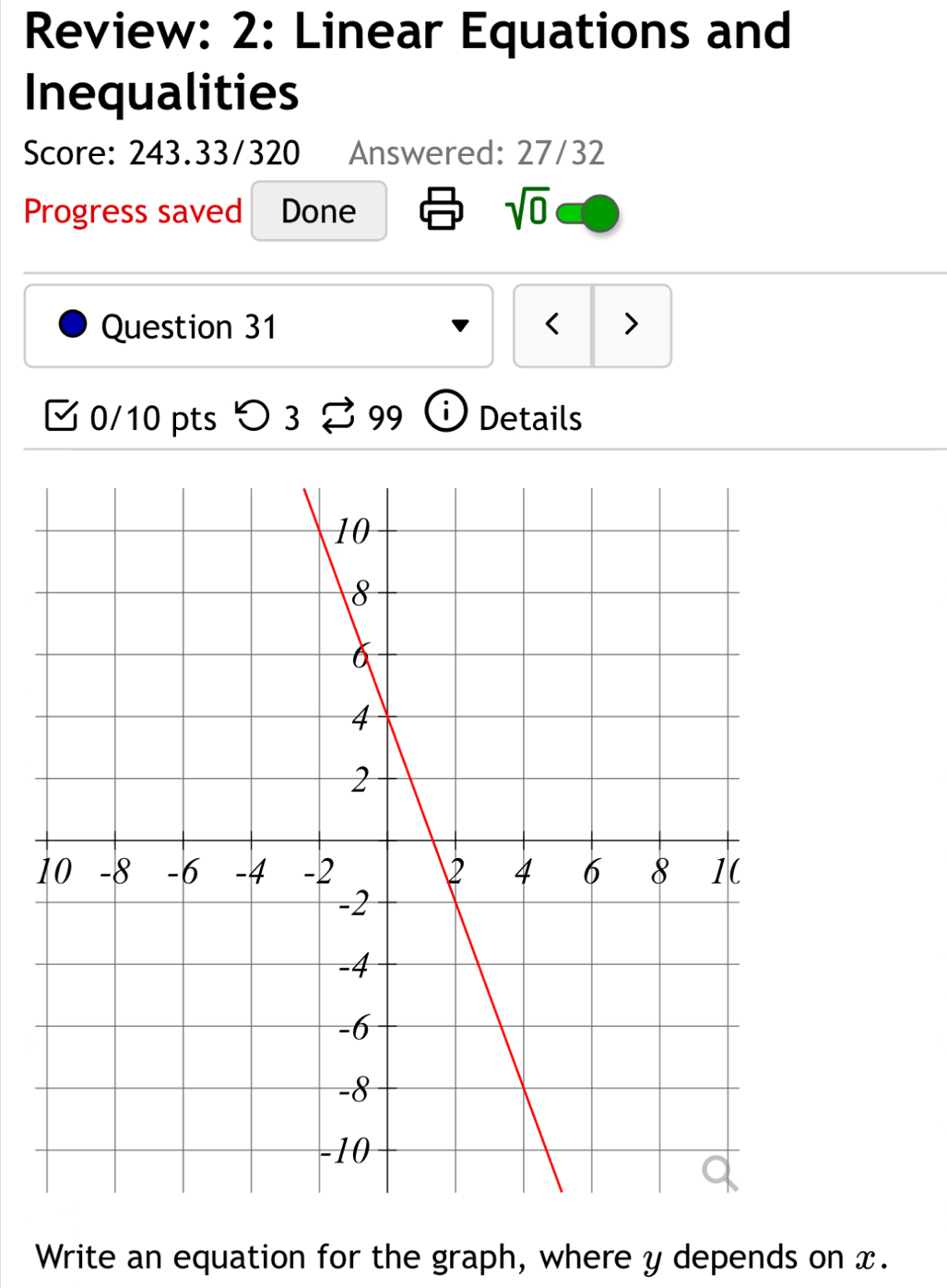 Review: 2: Linear Equations and 
Inequalities 
Score: 243.33/320 Answered: 27/32 
Progress saved Done 
sqrt(0) 
Question 31 < > 
0/10 pts つ 3 % 99 i Details 
1 
Write an equation for the graph, where y depends on x.