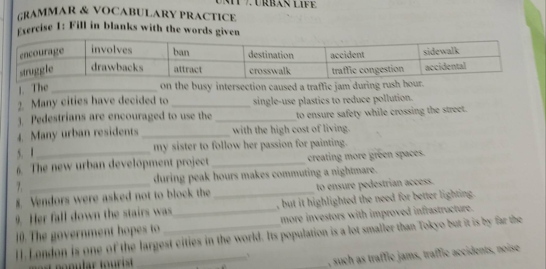 GRAMMAR & VOCABULARY PRACTICE 
Exercise 1: Fill in blanks with the words given 
1. The _on the busy intersection caused a traffic jam during rush hour. 
2. Many cities have decided to _single-use plastics to reduce pollution. 
3. Pedestrians are encouraged to use the_ 
to ensure safety while crossing the street. 
4. Many urban residents _with the high cost of living. 
5. 1_ my sister to follow her passion for painting. 
6. The new urban development project_ creating more green spaces. 
during peak hours makes commuting a nightmare. 
7._ 
i, Vendors were asked not to block the _to ensure pedestrian access. 
9. Her fall down the stairs was_ , but it highlighted the need for better lighting . 
10. The government hopes to _more investors with improved infrastructure. 
ll London is one of the largest cities in the world. Its population is a lot smaller than Tokyo but it is by far the 
1 
_, such as traffic jams, traffic accidents, noise