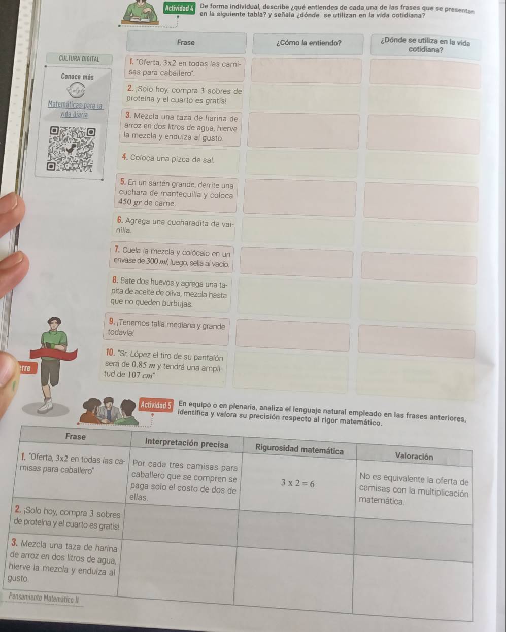 Actividad 4 De forma individual, describe ¿qué entiendes de cada una de las frases que se presentan
en la siguiente tabla? y señala ¿dónde se utilizan en la vida cotidiana?
Frase ¿Cómo la entiendo? ¿Dónde se utiliza en la vida
cotidiana?
CULTURA DIGITAL 1. "Oferta, 3x2 en todas las cami-
Conoce más sas para caballero.
2. ¡Solo hoy, compra 3 sobres de
proteína y el cuarto es gratis!
Matemáticas para la
vida diaria 3. Mezcla una taza de harina de
arroz en dos litros de agua, hierve
la mezcla y endulza al gusto.
4. Coloca una pizca de sal.
5. En un sartén grande, derrite una
cuchara de mantequilla y coloca
450 gr de carne.
6. Agrega una cucharadita de vai-
nilla.
7. Cuela la mezcla y colócalo en un
envase de 300 m/, luego, sella al vacío.
8. Bate dos huevos y agrega una ta-
pita de aceite de oliva, mezcla hasta
que no queden burbujas.
9. ¡Tenemos talla mediana y grande
todavía!
10. "Sr. López el tiro de su pantalón
será de 0.85 m y tendrá una ampli-
rre
tud de 107cm°
Actividad 5 En equipo o en plenaria, analiza el lenguaje natural empleado en las frases anteriores,
identifica y valora su precisión respecto al rigor
h
g
P