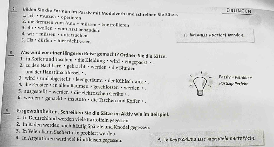 übungen 
2Bilden Sie die Formen im Passiv mit Modalverb und schreiben Sie Sätze. 
1. ich · müssen· operieren 
2. die Bremsen vom Auto • müssen • kontrollieren 
3. du • wollen • vom Arzt behandeln 
4. wir · müssen · untersuchen 1. Ich muss operiert werden. 
5. Eis • dürfen • hier nicht essen 
3 Was wird vor einer längeren Reise gemacht? Ordnen Sie die Sätze. 
1. in Koffer und Taschen • die Kleidung • wird • eingepackt • . 
2. zu den Nachbarn •gebracht• werden • die Blumen 
und der Haustürschlüssel · . Passiv = werden + 
3. wird • und abgestellt • leer geräumt • der Kühlschrank • . Partizip Perfekt 
4. die Fenster • in allen Räumen • geschlossen • werden • . 
5. ausgestellt •werden • die elektrischen Geräte • . 
6. werden • gepackt • ins Auto • die Taschen und Koffer •. 
4 Essgewohnheiten. Schreiben Sie die Sätze im Aktiv wie im Beispiel. 
1. In Deutschland werden viele Kartoffeln gegessen. 
2. In Baden werden auch häufig Spätzle und Knödel gegessen. 
3. In Wien kann Sachertorte probiert werden. 
4. In Argentinien wird viel Rindfleisch gegessen. 1. In Deutschland isst man viele Kartoffeln.