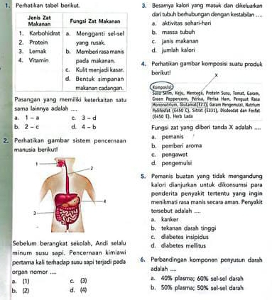 Perhatikan tabel berikut 3. Besamya kalori yang masuk dan cikeluarkan
dari tubüh berhubungan dengan kestabilan ... .
a. aktivitas sehari-hari
b  massa tubuh
c. janis makanan
d. jumlah kalori
4. Perhatikan gambar komposisi suatu produk
berikut! x
Kampa
Susu Stim, Keju, Mentegá, Protein Susu, Tomat, Garam.
Pasangan yang memiliki keterkaitan satu  Green Peppercorn, Périsa, Perísa Ham, Penguat Rasa
sama lainnya adalah_  Monnatrium, GlutamatfEZ13) Garam Pengemulsi, Nañrium
a 1-a c. 3-d ((450 E), Herb Lada Polifosfat (E450 C), Sibrat (E331), Disdesdat den Fosfat
b. 2-c d. 4-b Fungsi zat yang diberi tanda X adalah ....
2. Perhatikan gambar sistem pencernaan b. pemberi aroma a. pemanis
manusia berikut! c. pengawet
d. pengemuls
5. Pemanis buatan yang tidak mengandung
kalori dianjurkan untuk dīkonsumsi para
penderita penyakit tertentu yang ingin
menikmati rasa manis secara aman. Penyakit
tersebut adalah ....
a. kanker
b. tekanan darah tinggi
c. diabetes insipidus
Sebelum berangkat sekolah, Andi selalu d. diabetes mellitus
minum susu sapi. Pencernaan kimiawi
pertama kali terhadap susu sapi terjadi pada 6. Perbandīngan komponen penyusun darah
organ nomor .... adalah ....
a. (1) c. (3) a. 40% plasma; 60% sel-sel darah
b. (2) d. (4) b. 50% plasma; 50% sel-sel darah