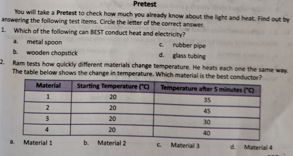 Pretest
You will take a Pretest to check how much you already know about the light and heat. Find out by
answering the following test items. Circle the letter of the correct answer.
1. Which of the following can BEST conduct heat and electricity?
a. metal spoon c. rubber pipe
b. wooden chopstick d. glass tubing
2. Ram tests how quickly different materials change temperature. He heats each one the same way.
The table below shows the change in temperature. Which material is the best
a. Material 1 b. Material 2 c. Material 3 d. Material 4