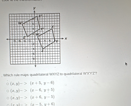 Which rule maps quadrilateral WXYZ to quadrilateral W'X'Y'Z'?
(x,y)->(x+5,y-6)
(x,y)->(x-6,y+5)
(x,y)->(x+6,y-5)
(x,y)->(x-5,y+6)