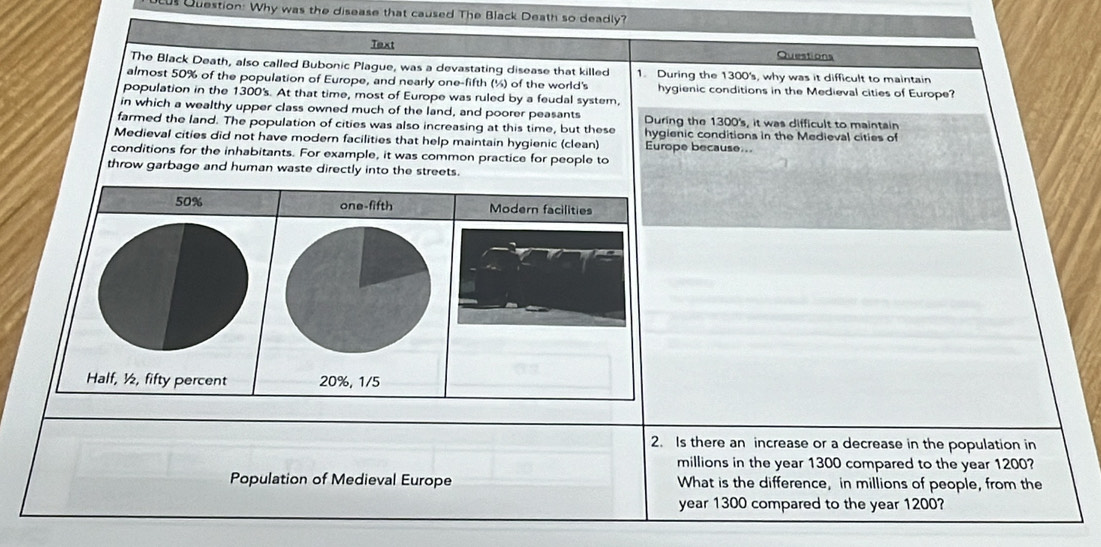 Why was the disease that caused The Black Death so deadly?
Text
Questiona
The Black Death, also called Bubonic Plague, was a devastating disease that killed 1. During the 1300 's, why was it difficult to maintain
almost 50% of the population of Europe, and nearly one-fifth (%) of the world's hygienic conditions in the Medieval cities of Europe?
population in the 1300 's. At that time, most of Europe was ruled by a feudal system,
in which a wealthy upper class owned much of the land, and poorer peasants
farmed the land. The population of cities was also increasing at this time, but these During the 1300 's, it was difficult to maintain
hygienic conditions in the Medieval cities of
Medieval cities did not have modern facilities that help maintain hygienic (clean) Europe because...
conditions for the inhabitants. For example, it was common practice for people to
throw garbage and human waste directly into the streets.
50% one-fifth Modern facilities
Half, ½, fifty percent 20%, 1/5
2. Is there an increase or a decrease in the population in
millions in the year 1300 compared to the year 1200?
Population of Medieval Europe What is the difference, in millions of people, from the
year 1300 compared to the year 1200?