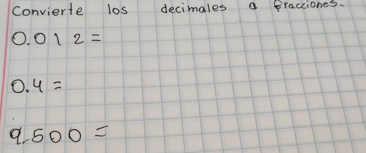 Convierte los decimales a fracciones.
0.012=
0.4=
9. 500=