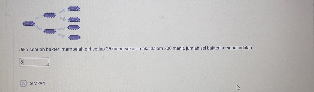 Jika sebuah bakteri membelah diri setiap 25 menit sekali, maka dalam 200 menit, jumlah sel bakteri tersebut adalah ...
8
ASIMPAN