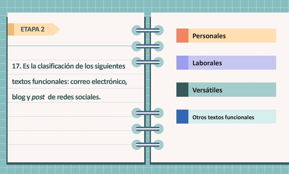 ETAPA 2
Personales
17. Es la clasificación de los siguientes
Laborales
textos funcionales: correo electrónico,
Versátiles
blog y post de redes sociales.
Otros textos funcionales