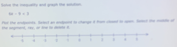 Solve the inequality and graph the solution.
6k-9<3</tex> 
Plot the endpoints. Sellect an endpoint to change it from clused to opem. Selest the mutifc of 
the segment, ray, or line to delete it.