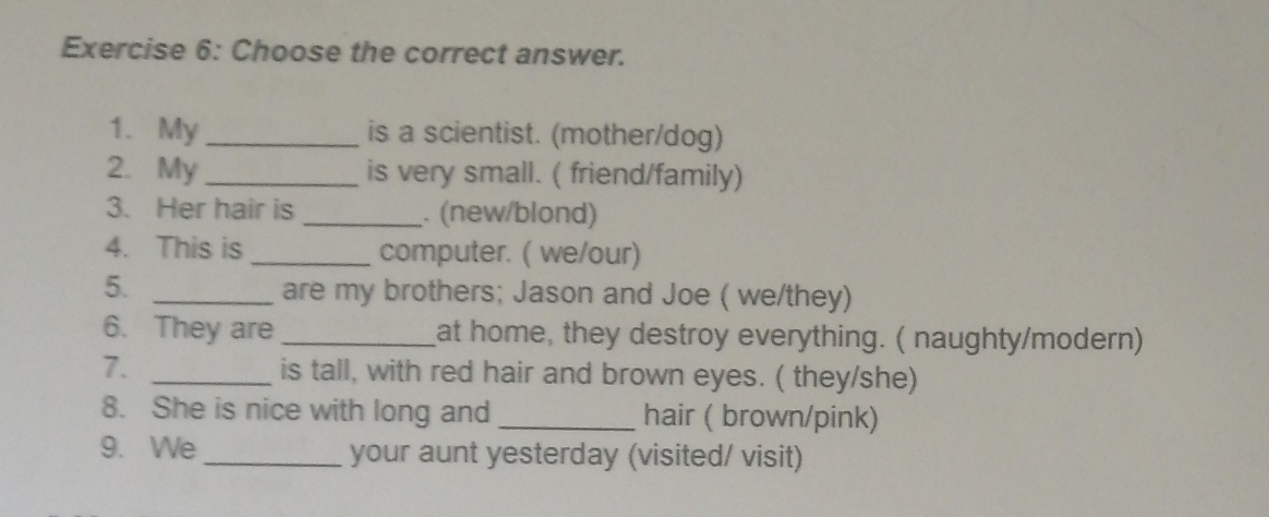 Choose the correct answer. 
1. My _is a scientist. (mother/dog) 
2. My _is very small. ( friend/family) 
3. Her hair is _. (new/blond) 
4. This is _computer. ( we/our) 
5._ 
are my brothers; Jason and Joe ( we/they) 
6. They are _at home, they destroy everything. ( naughty/modern) 
7. _is tall, with red hair and brown eyes. ( they/she) 
8. She is nice with long and _hair ( brown/pink) 
9. We _your aunt yesterday (visited/ visit)