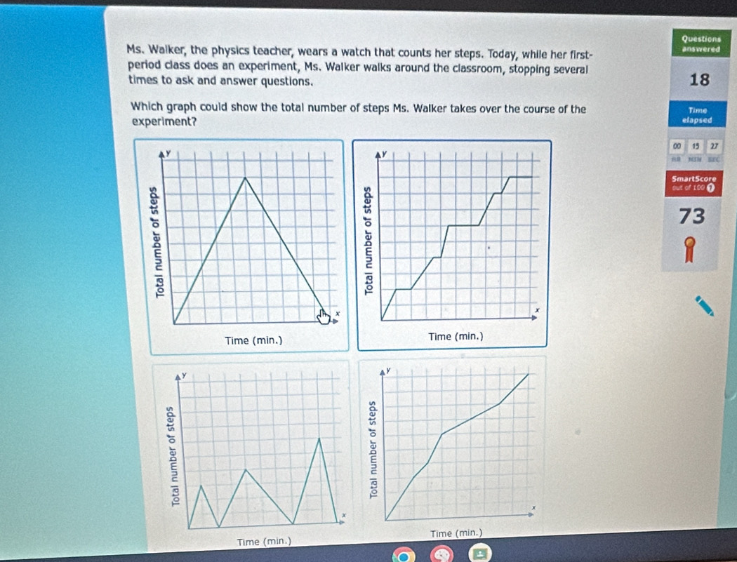 Questions 
Ms. Walker, the physics teacher, wears a watch that counts her steps. Today, while her first- answered 
period class does an experiment, Ms. Walker walks around the classroom, stopping several 
times to ask and answer questions. 
18 
Which graph could show the total number of steps Ms. Walker takes over the course of the Time 
experiment? elapsed 
00 15 27
y
NSN BFC 
SmartScore 
out of 100 0
73
2
x
x
D 
Time (min.) Time (min.)
8
x
Time (min.)