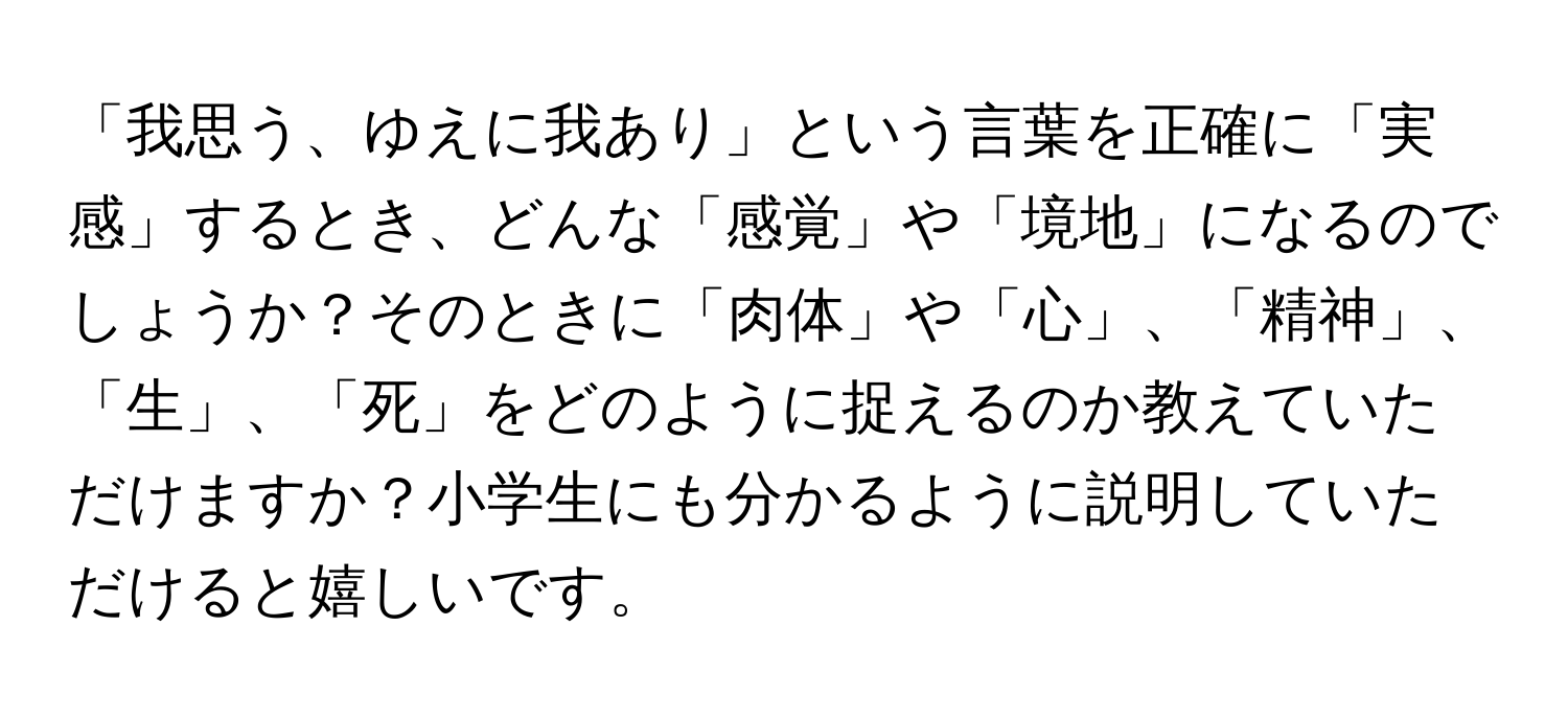 「我思う、ゆえに我あり」という言葉を正確に「実感」するとき、どんな「感覚」や「境地」になるのでしょうか？そのときに「肉体」や「心」、「精神」、「生」、「死」をどのように捉えるのか教えていただけますか？小学生にも分かるように説明していただけると嬉しいです。