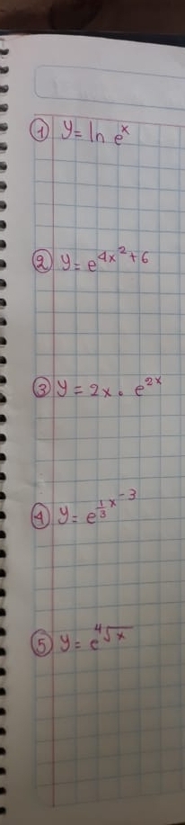 ( y=ln e^(x
y=e^4x^2)+6
③ y=2x· e^(2x)
A y=e^(frac 1)3x^(-3)
⑤5 y=e^(sqrt[4](x))