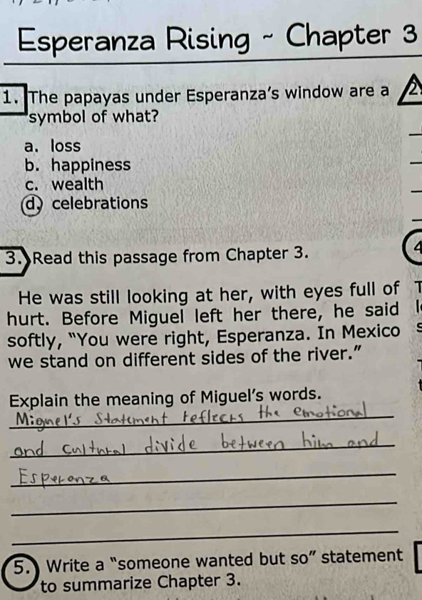 Solved: Esperanza Rising ~ Chapter 3 1. The papayas under Esperanza’s ...