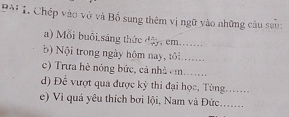 Chép vào vở và Bố sung thêm vị ngữ vào những câu sau: 
a) Mối buôi sáng thức dậy, em....... 
b) Nội trong ngày hôm nay, tôi_ ...... 
c) Trưa hè nóng bức, cả nhà cin . .... 
d) Để vượt qua được kỳ thi đại học, Tùng._ 
e) Vì quá yêu thích bơi lội, Nam và Đức......