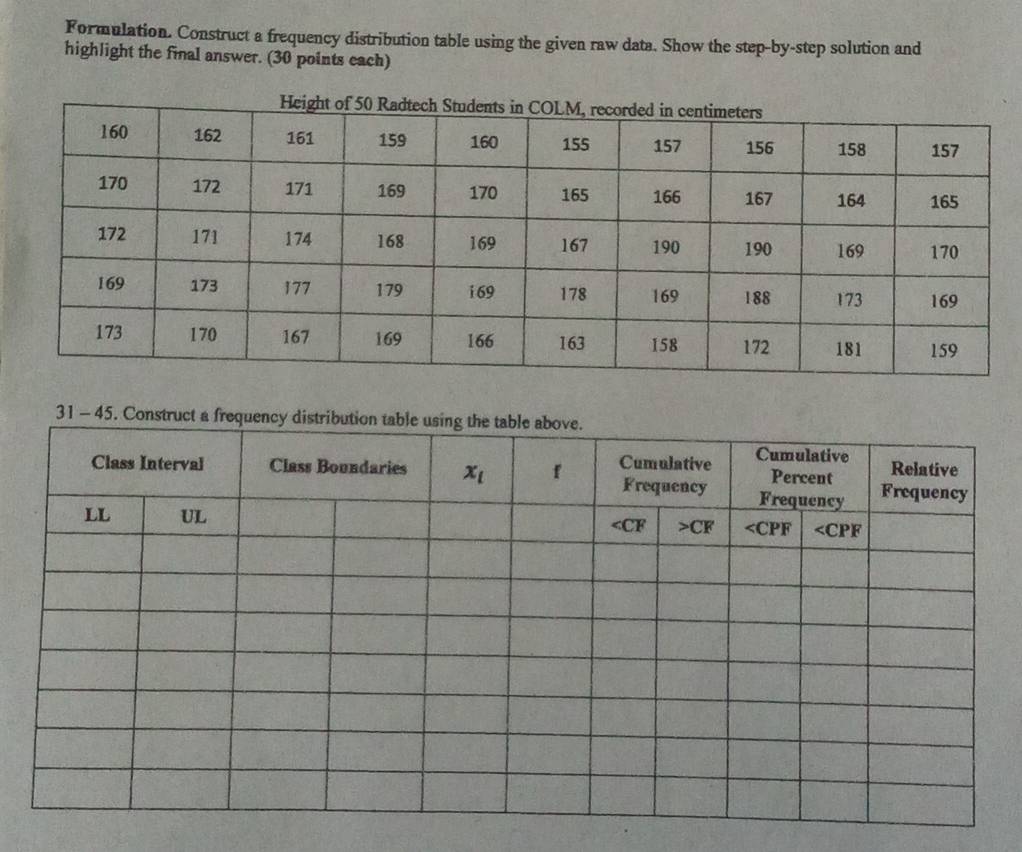 Solved: Formulation. Construct a frequency distribution table using the ...