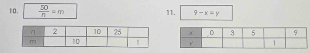  50/n =m 11. 9-x=y