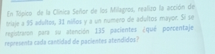 En Tópico de la Clínica Señor de los Milagros, realizo la acción de 
triaje a 95 adultos, 31 niños y a un numero de adultos mayor. Si se 
registraron para su atención 135 pacientes ¿qué porcentaje 
representa cada cantidad de pacientes atendidos?