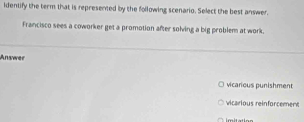 Identify the term that is represented by the following scenario. Select the best answer.
Francisco sees a coworker get a promotion after solving a big problem at work.
Answer
vicarious punishment
vicarious reinforcement
mitation