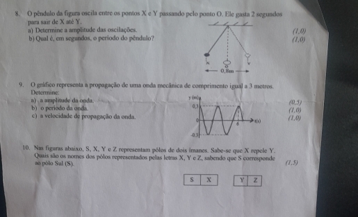 pêndulo da figura oscila entre os pontos X c Y passando pelo ponto O. Ele gasta 2 segundos
para sair de X até Y.
a) Determine a amplitude das oscilações.
(1,0)
b) Qual é, em segundos, o periodo do pêndulo? (1,0)
9. O gráfico representa a propagação de uma onda mecânica de comprimento igual a 3 metros.
Determine: 
a) a amplitude da onda. (0,5)
b) o periodo da onda.
(1,0)
c) a velocidade de propagação da onda. (1,0)
10. Nas figuras abaixo, S, X, Y e Z representam pólos de dois imanes. Sabe-se que X repele Y.
Quais são os nomes dos pólos representados pelas letras X, Y e Z, sabendo que S corresponde (1,5)
ao pólo Sul (S).
s X Y z