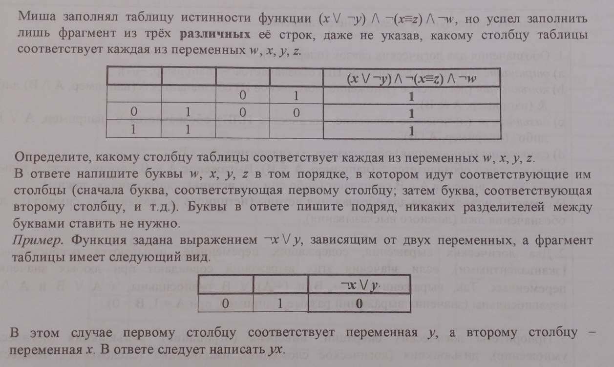 Миша заполнял таблицу истинности функции (xvee neg y)wedge neg (xequiv z)wedge neg w , но успел заполнить
лишь фрагмент из трёх различных её строк, даже не указав, какому столбцу τаблицы
соответствует каждая из переменньх W, х, у, г.
Определите, какому столбцу таблицы соответствует каждая из переменньх и, х, у, г.
В ответе налишите буквы и, х, у, гв том порядке, вкотором идут соответствуюшие им
столбцы (сначала буква, соответствуюшая первому столбцу; затем буква, соответствуюошая
второму столбцу, и тίд). Буквь в ответе пишите подряд, никаких разделителей между
буквами ставить не нужно.
Пример. Функция задана выражением ¬х∨у, зависяшим от двух переменньх, а фрагмент
аблицы имеет следуюший вид.
В этом случае первому столбцу соответствует переменная у, а второму столбцу -
переменная х. В ответе следует написать ух.