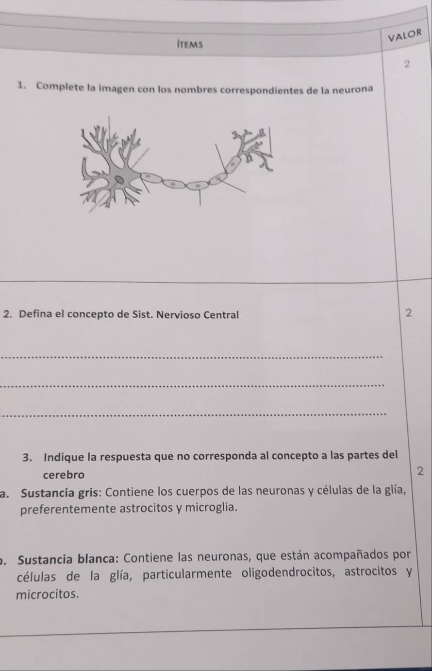 ítems
VALOR
2
1. Complete la imagen con los nombres correspondientes de la neurona
2. Defina el concepto de Sist. Nervioso Central
2
_
_
_
3. Indique la respuesta que no corresponda al concepto a las partes del
cerebro
2
a. Sustancia gris: Contiene los cuerpos de las neuronas y células de la glía,
preferentemente astrocitos y microglia.
o. Sustancia blanca: Contiene las neuronas, que están acompañados por
células de la glía, particularmente oligodendrocitos, astrocitos y
microcitos.