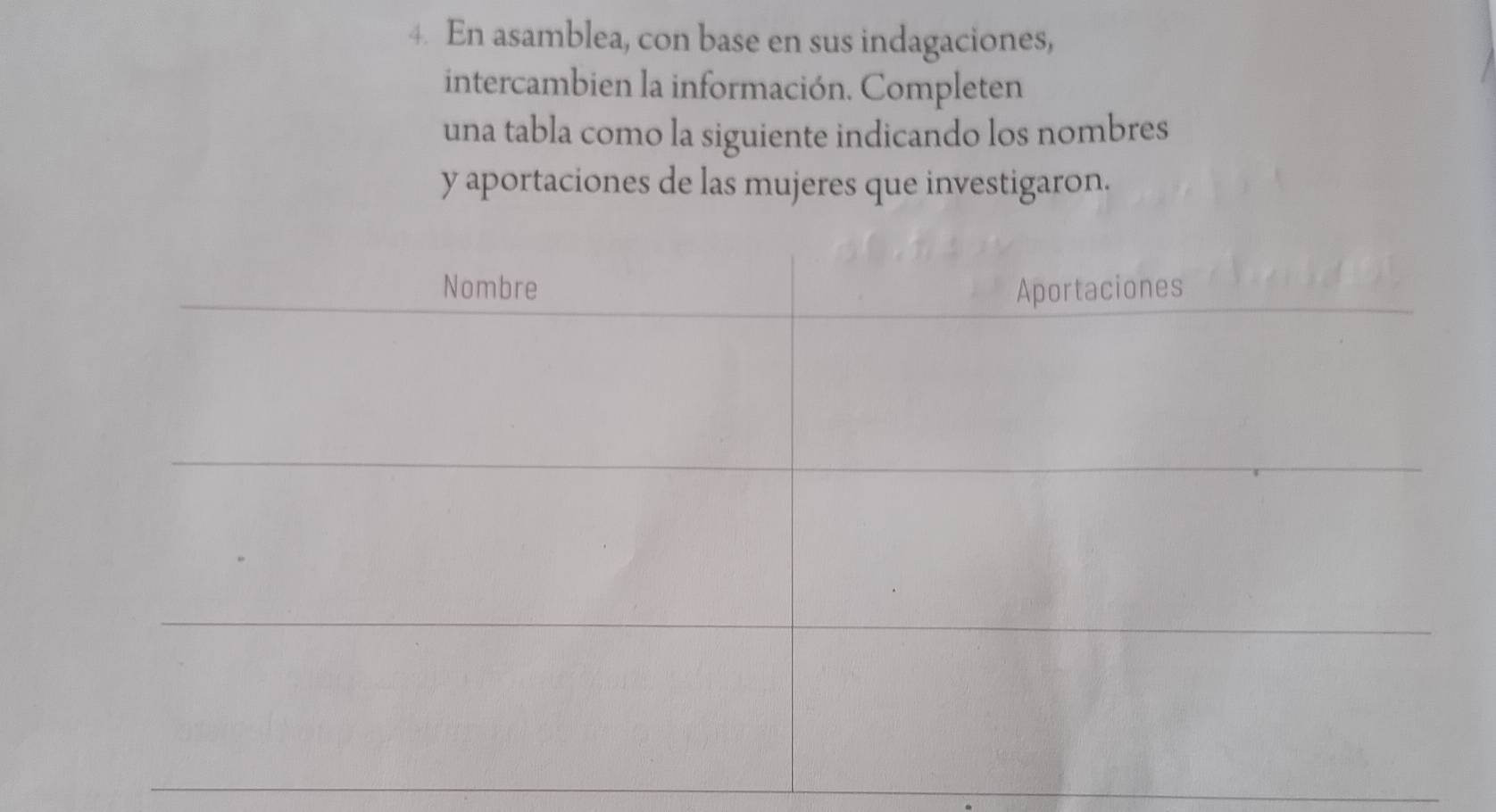 En asamblea, con base en sus indagaciones, 
intercambien la información. Completen 
una tabla como la siguiente indicando los nombres 
y aportaciones de las mujeres que investigaron.