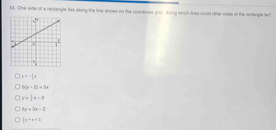 One side of a rectangle lies along the line shown on the coordinate grid. Along which lines could other sides of the rectangle lie?
y=- 3/3 x
5(y-2)=3x
y= 5/3 x-5
5y=3x-2
 3/3 y=x+1