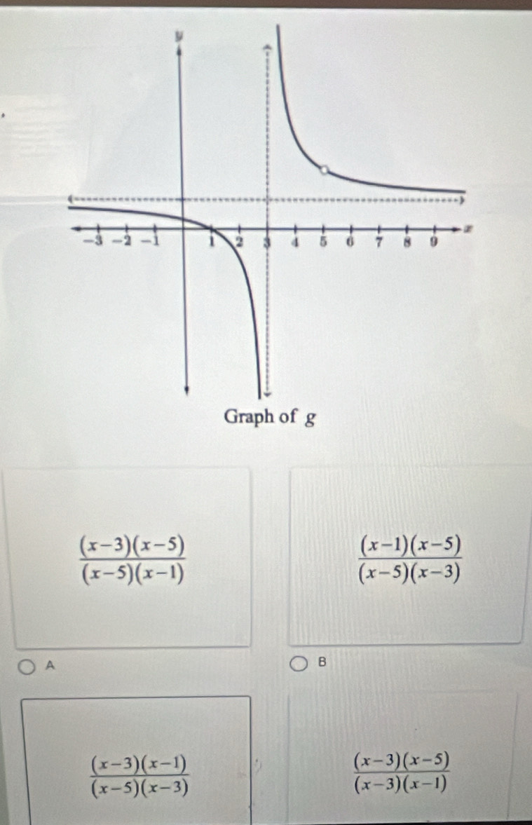  ((x-3)(x-5))/(x-5)(x-1) 
 ((x-1)(x-5))/(x-5)(x-3) 
A
B
 ((x-3)(x-1))/(x-5)(x-3) 
 ((x-3)(x-5))/(x-3)(x-1) 