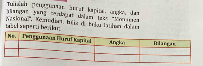 Tulislah penggunaan huruf kapital, angka, dan 
bilangan yang terdapat dalam teks“Monumen 
Nasional''. Kemudian, tulis di buku latihan dalam 
tabel seperti berikut.