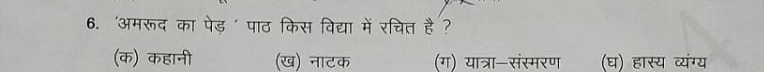 'अमरूद का पेड़' पाठ किस विद्या में रचित है ?
(क) कहानी (ख) नाटक (ग) यात्रा-संस्मरण (घ) हास्य व्यंग्य