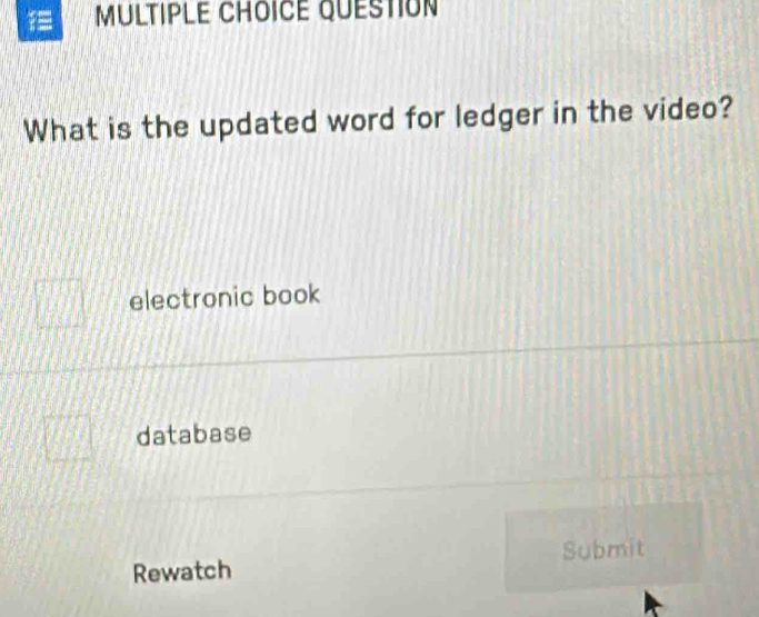 QUESTION
What is the updated word for ledger in the video?
electronic book
database
Rewatch Submit