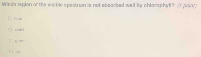 Which region of the visible spectrum is not absorbed well by chlorophyll? (1 point)
blue
violet
green
red