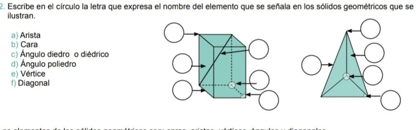 Escribe en el círculo la letra que expresa el nombre del elemento que se señala en los sólidos geométricos que se
ilustran.
a) Arista
b) Cara
c) Ángulo diedro o diédrico
d) Ángulo poliedro
e) Vértice
f) Diagonal