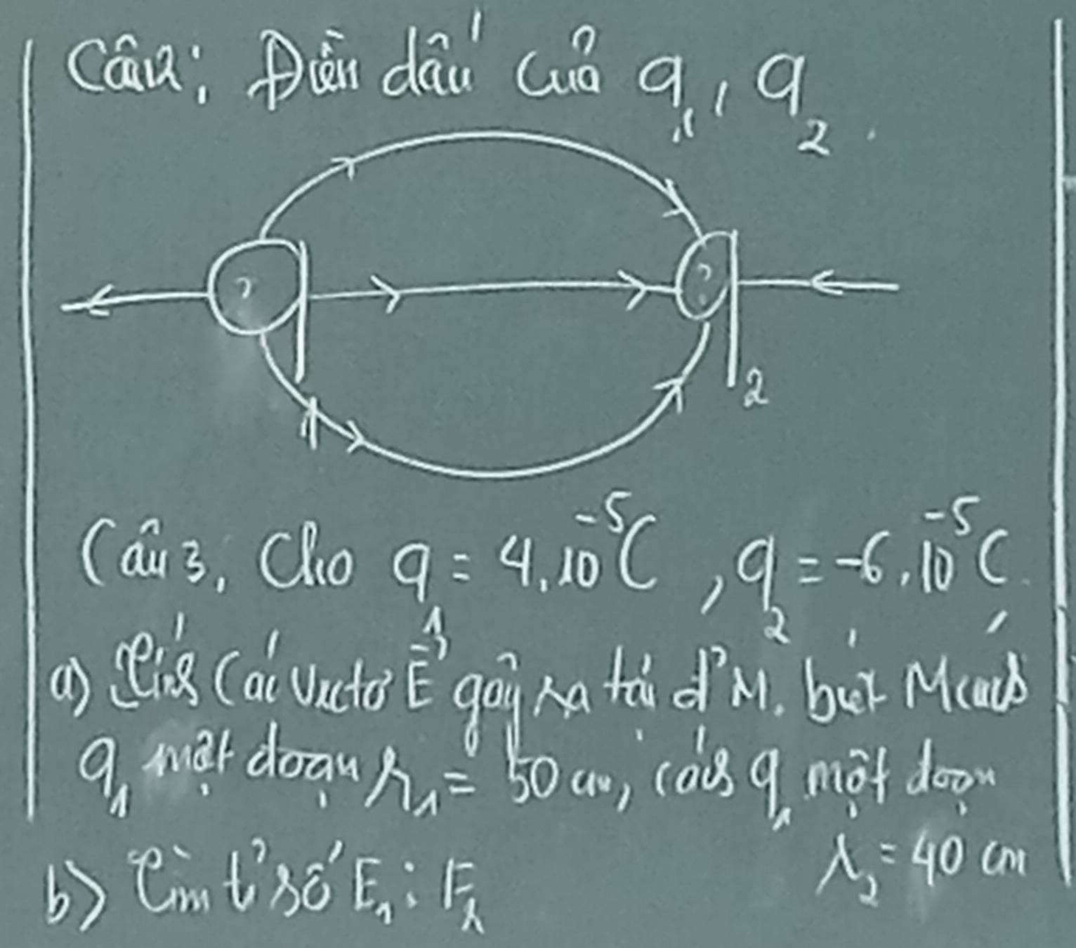 Cán; Pān dāu Guā q, q 
(ai3, Qho q=4.10^(-5)c, q=-6.10^(-5)c
a i (alvuato vector E goy ha tadn1. but Mcah 
9. Mat doan
h_1=50cm , cas9 mot doow 
b) eimtso E_2:1=
lambda _2=40cm