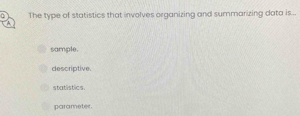 The type of statistics that involves organizing and summarizing data is...
A
sample.
descriptive.
statistics.
parameter.