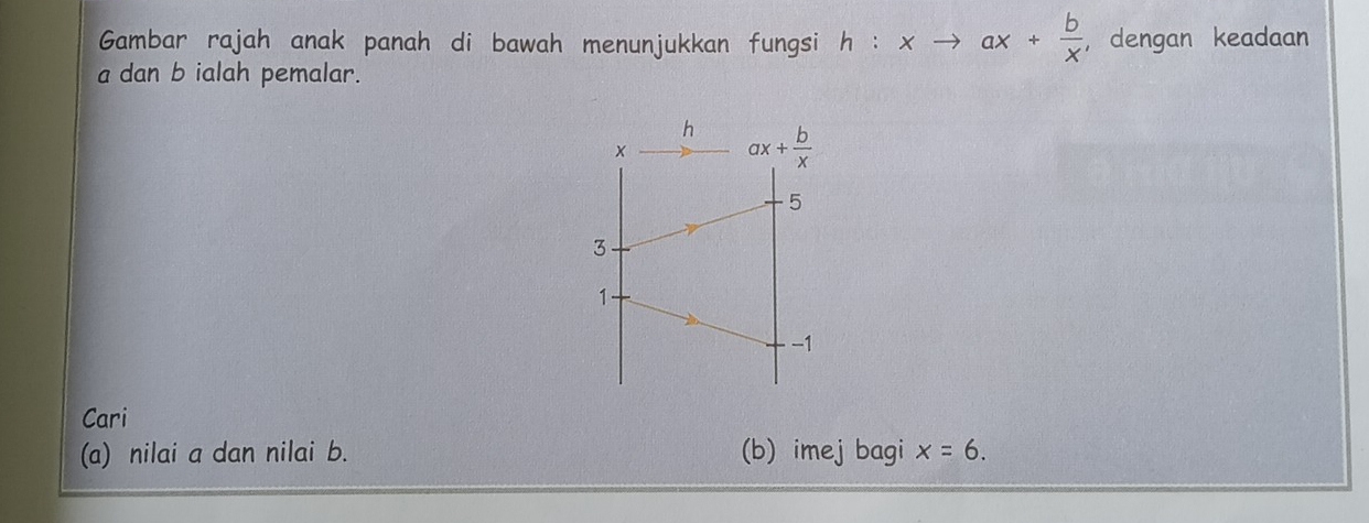 Gambar rajah anak panah di bawah menunjukkan fungsi h:xto ax+ b/x  , dengan keadaan
a dan b ialah pemalar.
h ax+ b/x 
×
5
3
1
-1
Cari
(a) nilai a dan nilai b. (b) imej bagi x=6.