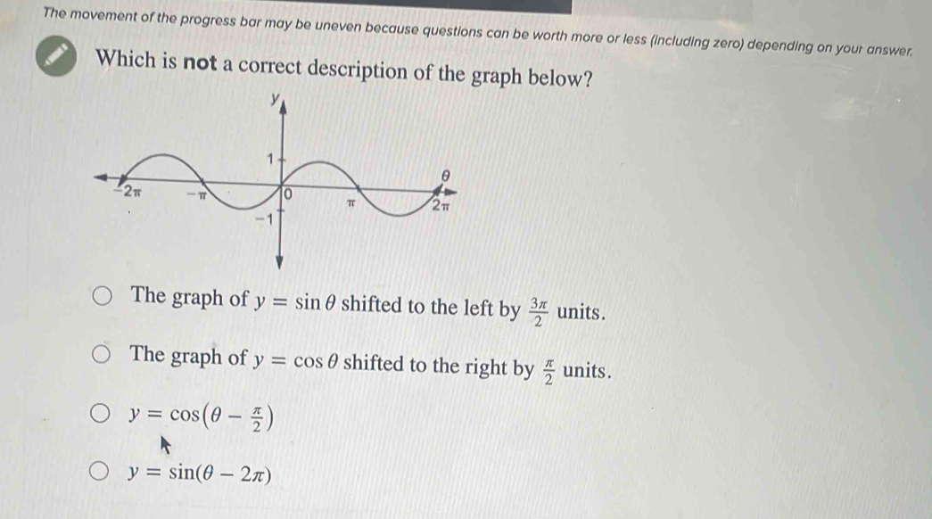 The movement of the progress bar may be uneven because questions can be worth more or less (including zero) depending on your answer.
Which is not a correct description of the graph below?
The graph of y=sin θ shifted to the left by  3π /2  units .
The graph of y=cos θ shifted to the right by  π /2  units .
y=cos (θ - π /2 )
y=sin (θ -2π )