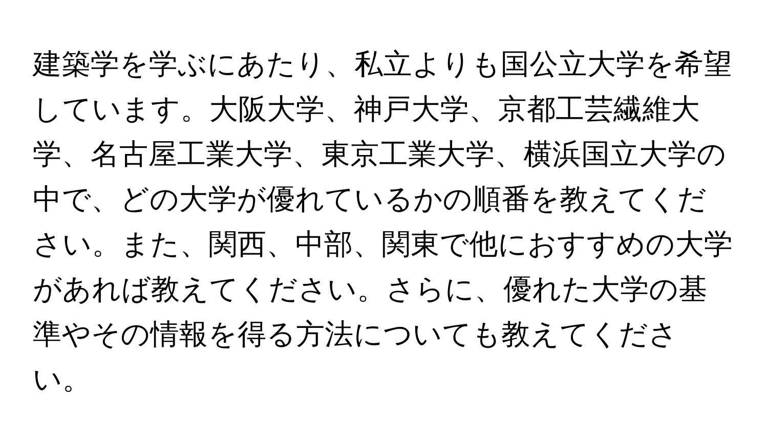 建築学を学ぶにあたり、私立よりも国公立大学を希望しています。大阪大学、神戸大学、京都工芸繊維大学、名古屋工業大学、東京工業大学、横浜国立大学の中で、どの大学が優れているかの順番を教えてください。また、関西、中部、関東で他におすすめの大学があれば教えてください。さらに、優れた大学の基準やその情報を得る方法についても教えてください。