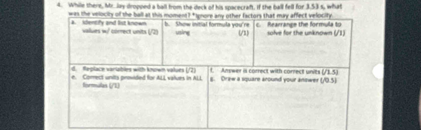 While there, htr Jay dropped a ball from the deck of his spacecraft. If the ball fell for 3.53 s, what
was the v