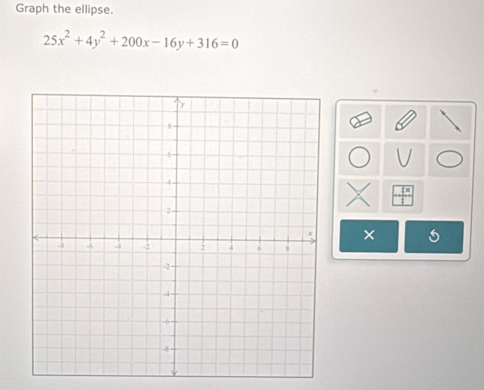 Graph the ellipse.
25x^2+4y^2+200x-16y+316=0
V 
×