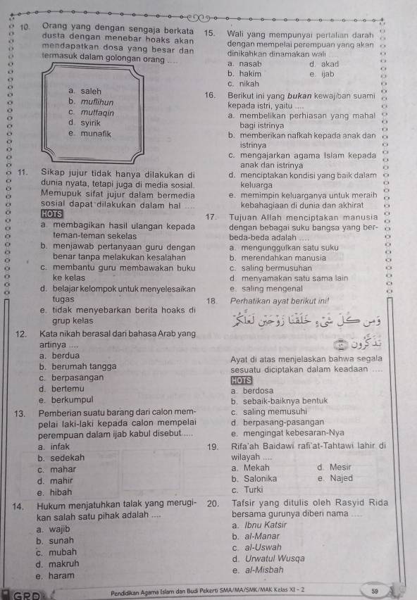 Orang yang dengan sengaja berkata 15. Wali yang mempunyai pertalian darah
dusta dengan menebar hoaks akan dengan mempelai perempuan yanɡ akan
mendapatkan dosa yang besar dan  dinikahk an dinamakan wlı
termasuk dalam golongan orang , , a. nasab d akad
b. hakim
e ijab
a saleh c. nikah
b. muflihun 16. Berikut ini yang bukan kewajiban suami
kepada istri, yaitu ....
c muttaqin a. membelikan perhiasan yang mahal
d syirik bagi istrinya
e munafik b. memberikan nafkah kepada anak dan
istrinya
c. mengajarkan agama Islam kepada
anak dan istrinya
11. Sikap jujur tidak hanya dilakukan di d. menciptakan kondisi yang baik dalam
dunia nyata, tetapi juga di media sosial. keluarga
Memupuk sifat jujur dalam bermedia e. memimpin keluarganya untuk meraih
sosial dapat dilakukan dalam hal _. kebahagiaan di dunia dan akhirat
C HOTS 17. Tujuan Allah menciptakan manusia
C a membagikan hasil ulangan kepada dengan bebagai suku bangsa yang ber-
teman-teman sekelas beda-beda adalah
b. menjawab pertanyaan guru dengan a. menqunggulkan satu suku
benar tanpa melakukan kesalahan b. merendahkan manusia
c. membantu guru membawakan buku c. saling bermusuhan
ke kelas d menyamakan satu sama lain
1 d. belajar kelompok untuk menyelesaikan e. saling mengenal
tugas 18. Perhatikan ayat berikut ini!
e tidak menyebarkan berita hoaks di
grup kelas
12. Kata nikah berasal dari bahasa Arab yang
artinya ....
a. berdua
b. berumah tangga Ayat di atas menjelaskan bahwa segala
c. berpasangan sesuatu diciptakan dalam keadaan ....
HOTS
d.bertemu a berdosa
e. berkumpul b. sebaik-baiknya bentuk
13. Pemberian suatu barang dari calon mem- c. saling memusuhi
pelai laki-laki kepada calon mempelai d berpasang-pasangan
perempuan dalam ijab kabul disebut .... e. mengingat kebesaran-Nya
a. infak 19. Rifa'ah Baidawi rafi'at-Tahtawi lahir di
b. sedekah wilayah ....
c. mahar a. Mekah d. Mesir
d. mahir b. Salonika e. Najed
e. hibah c.Turki
14. Hukum menjatuhkan talak yang merugi- 20. Tafsir yang ditulis oleh Rasyid Rida
kan salah satu pihak adalah .... bersama gurunya diberi nama_
a. wajib a. Ibnu Katsir
b. sunah b. al-Manar
c. mubah c al-Uswah
d. makruh d. Urwatul Wusqa
e. haram e. al-Misbah
GRD Pendidikan Agama Islam dan Budi Pekerti SMA/MA/SMK/MAK Kelas XI - 2 59