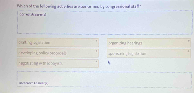 Which of the following activities are performed by congressional staff?
Correct Answer(s)
drafting legislation organizing hearings
developing policy proposals sponsoring legislation
negotiating with lobbyists
Incorrect Answer(s)