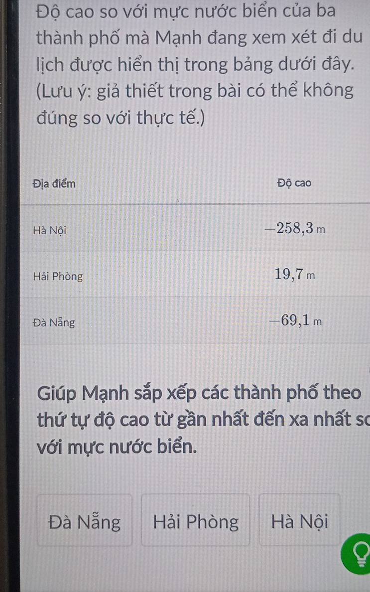 Độ cao so với mực nước biển của ba
thành phố mà Mạnh đang xem xét đi du
lịch được hiển thị trong bảng dưới đây.
(Lưu ý: giả thiết trong bài có thể không
đúng so với thực tế.)
Giúp Mạnh sắp xếp các thành phố theo
thứ tự độ cao từ gần nhất đến xa nhất sơ
với mực nước biển.
Đà Nẵng Hải Phòng Hà Nội