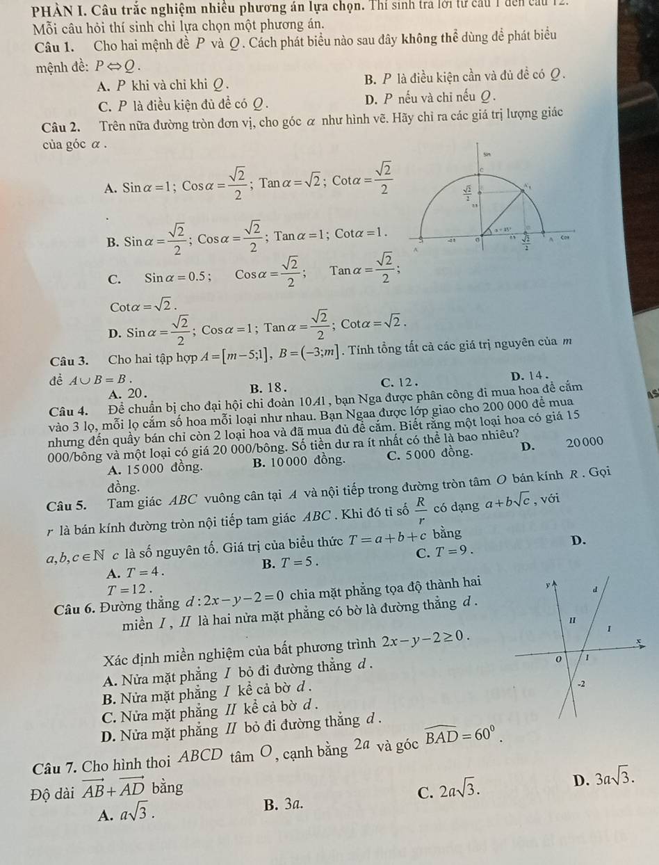 PHÀN I. Câu trắc nghiệm nhiều phương án lựa chọn. Thí sinh tra lời tư cầu 1 đến câu 12
Mỗi câu hỏi thí sinh chỉ lựa chọn một phương án.
Câu 1. Cho hai mệnh đề P và Q. Cách phát biểu nào sau đây không thể dùng để phát biểu
mệnh đề: PLeftrightarrow Q.
A. P khi và chi khi Q . B. P là điều kiện cần và đủ đề có Q .
C. P là điều kiện đủ đề có Q . D. P nếu và chi nếu Q.
Câu 2. Trên nữa đường tròn đơn vị, cho góc α như hình vẽ. Hãy chỉ ra các giá trị lượng giác
của góc α .
A. Sinalpha =1;Cosalpha = sqrt(2)/2 ; Tar alpha =sqrt(2);Cotalpha = sqrt(2)/2 
B. Sinalpha = sqrt(2)/2 ;Cosalpha = sqrt(2)/2 ;; 7 Tan alpha =1;Cotalpha =1.
C. Sinalpha =0.5;Cosalpha = sqrt(2)/2 ; Tanalpha = sqrt(2)/2 ;
Cotalpha =sqrt(2).
D. Sinalpha = sqrt(2)/2 ;Cosalpha =1;Tanalpha = sqrt(2)/2 ;Cotalpha =sqrt(2).
Câu 3. Cho hai tập hợp A=[m-5;1],B=(-3;m]. Tính tổng tất cà các giá trị nguyên của m
đề A∪ B=B.
A. 20. B. 18 . C. 12 . D. 1 4 .
Câu 4. Để chuẩn bị cho đại hội chi đoàn 1041, bạn Nga được phân công đi mua hoa đề cắm
vào 3 lọ, mỗi lọ cắm số hoa mỗi loại như nhau. Bạn Ngaa được lớp giao cho 200 000 đề mua AS
nhưng đến quầy bán chỉ còn 2 loại hoa và đã mua đủ để cắm. Biết rằng một loại hoa có giá 15
000/bông và một loại có giá 20 000/bông. Số tiền dư ra ít nhất có hhat e là bao nhiêu? 20000
A. 15000 đồng. B. 10 000 đồng. C. 5000 đồng. D.
đồng.
Câu 5. Tam giác ABC vuông cân tại A và nội tiếp trong đường tròn tâm O bán kính R . Gọi
r là bán kính đường tròn nội tiếp tam giác ABC . Khi đó tỉ số  R/r  có dạng a+bsqrt(c) , với
a,b,c∈ N c là số nguyên tố. Giá trị của biểu thức T=a+b+c bằng
D.
C. T=9.
B. T=5.
A. T=4.
T=12.
Câu 6. Đường thắng d:2x-y-2=0 chia mặt phẳng tọa độ thành hai
miền I , I là hai nửa mặt phẳng có bờ là đường thẳng d .
Xác định miền nghiệm của bất phương trình 2x-y-2≥ 0.
A. Nửa mặt phẳng / bỏ đi đường thẳng d .
B. Nửa mặt phẳng / kể cả bờ d .
C. Nửa mặt phẳng // kể cả bờ d. 
D. Nửa mặt phẳng // bỏ đi đường thẳng d .
Câu 7. Cho hình thoi ABCD tan O , cạnh bang2 à và góc widehat BAD=60°.
Độ dài vector AB+vector AD bằng
C. 2asqrt(3).
D. 3asqrt(3).
A. asqrt(3).
B. 3a.