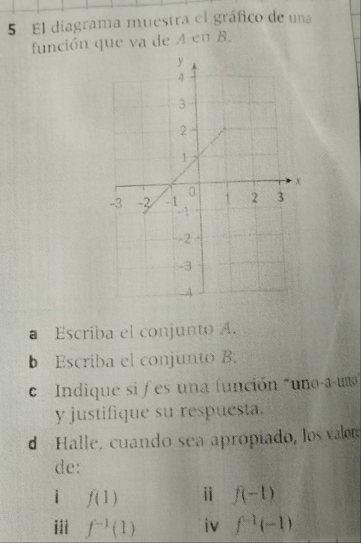 El diagrama muestra el gráfico de una 
función que va de A en B. 
a Escriba el conjunto A. 
b Escriba el conjunto B. 
C Indique si f es una función "uno-a-uo 
y justifique su respuesta. 
d Halle, cuando sea apropiado, los valor 
de: 
i f(1)
ⅱ f(-1)
i f^(-1)(1)
iv ∈t^(-1)(-1)