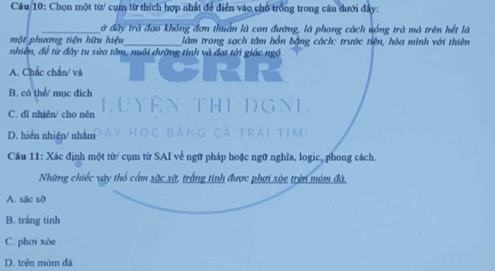 Chọn một từ/ cụm từ thích hợp nhất để điễn vào chỗ trống trong câu dưới đây:
_ở đây trà đạo không đơn thuần là con đường, là phong cách nống trà mà trên hết là
một phương tiện hữu hiệu_ làm trong sạch tâm hồn bằng cách: trước tiên, hòa mình với thiên
nhiên, để từ đây tu sửa tâm, nuôi dưỡng tỉnh và đạt tời giác ngô.
A. Chắc chấn/ và
B. có thể/ mục địch
C. dī nhiên/ cho nên
DGNL
D. hiển nhiên/ nhằm trái tim
Câu 11: Xác định một từ/ cụm từ SAI về ngữ pháp hoặc ngữ nghĩa, logic, phong cách.
Những chiếc vày thổ cầm sặc sỡ, trắng tinh được phơi xòe trên móm đá,
A. sặc sở
B. trắng tinh
C. phơi xòe
D. trên mỏm đá