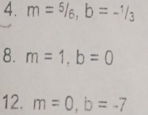 m=5/6, b=-1/3
8. m=1, b=0
12. m=0, b=-7