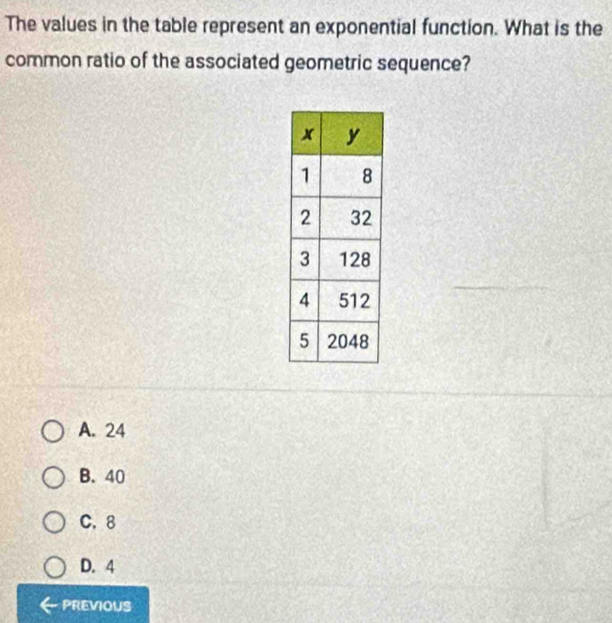 The values in the table represent an exponential function. What is the
common ratio of the associated geometric sequence?
A. 24
B. 40
C. 8
D. 4
PREVIOUS